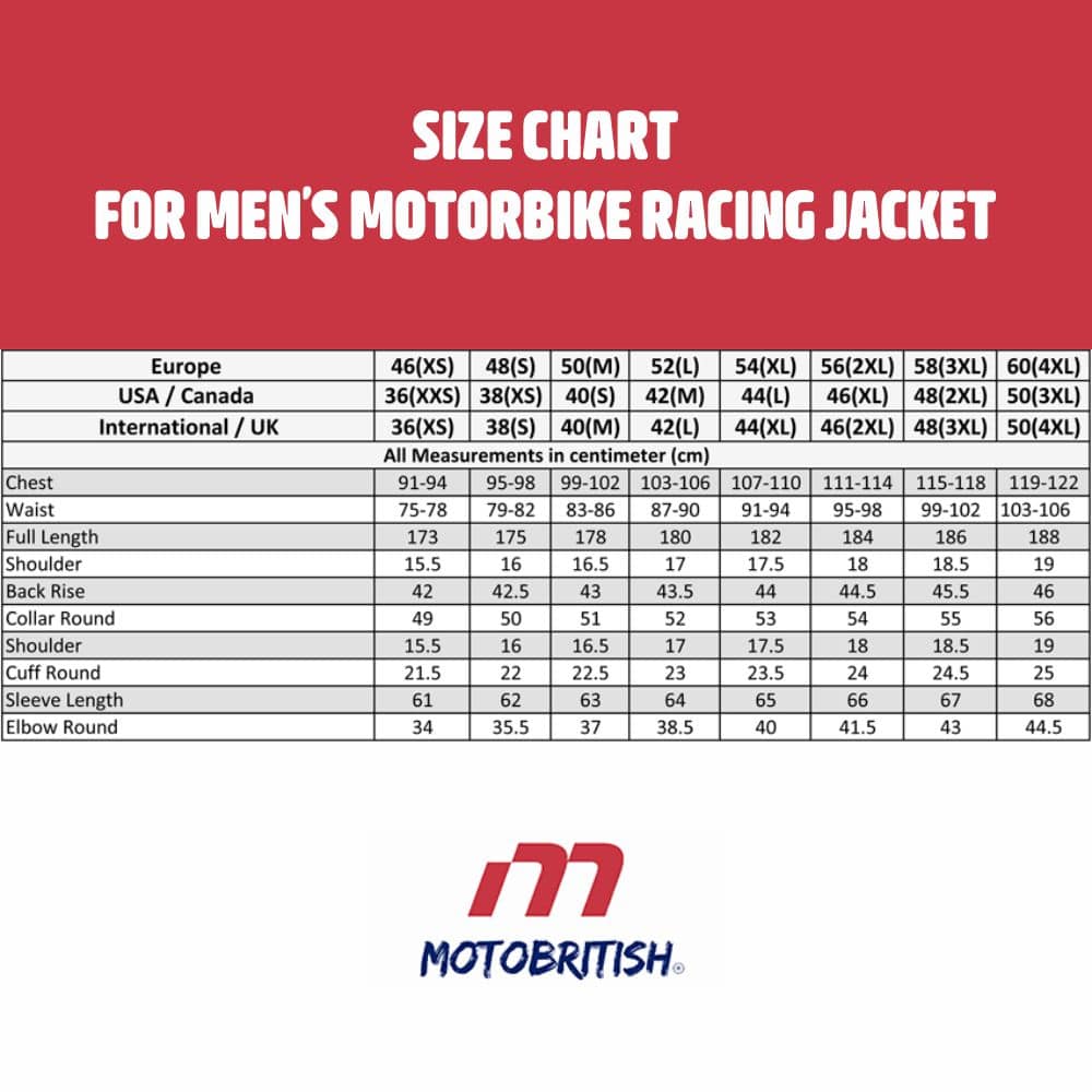 Men Motorbike Racing Jackets Size Chart