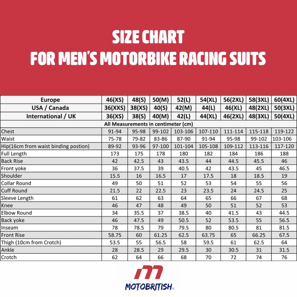 Men Motorbike Racing Suits Size Chart