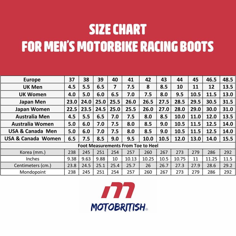 Motorbike Racing Boots Size Chart