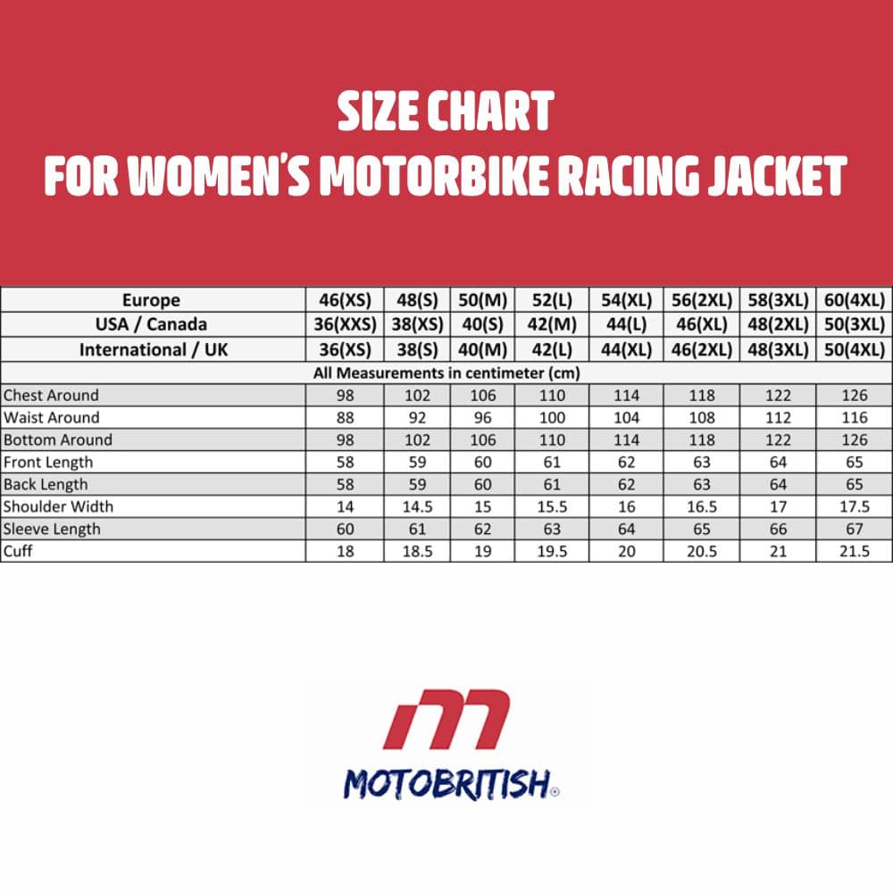 Women Motorbike Racing Jackets Size Chart