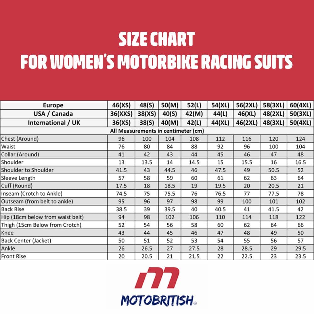 Women Motorbike Racing Suits Size Chart